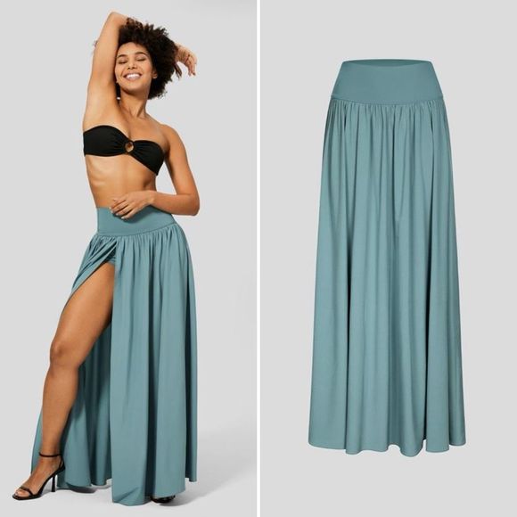 NEW Halara Breezeful High Waisted Maxi Skirt XS Mineral Blue Flowy High Slit - Picture 1 of 6